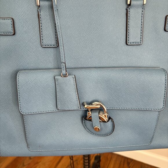 Michael Kors Tote Bag Emma Satchel Shoulder Crossbody Blue Pockets Leather - Picture 8 of 14